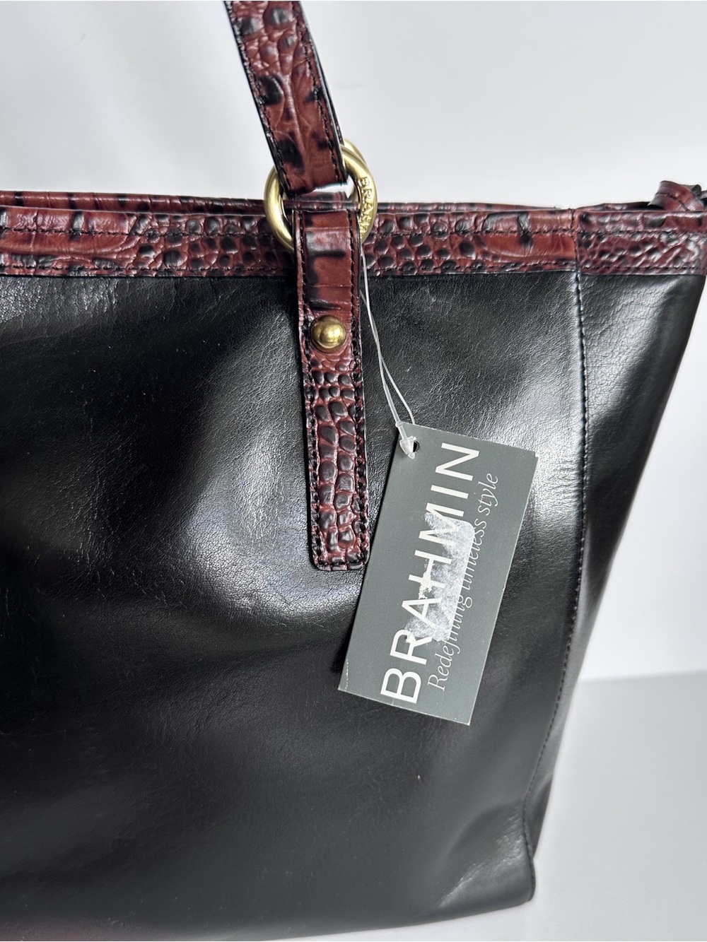 Brahmin Medium Arno Tote - Tuscan Black Leather with Brown Croc Trim | NWT - Picture 4 of 12